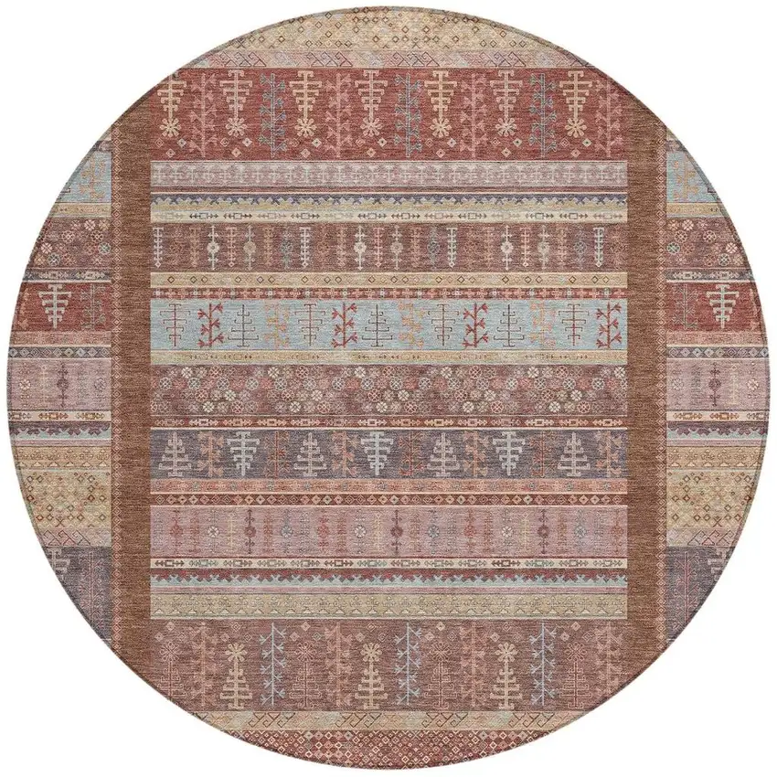 8' Rust Coral And Beige Round Striped Washable Indoor Outdoor Area Rug Photo 4
