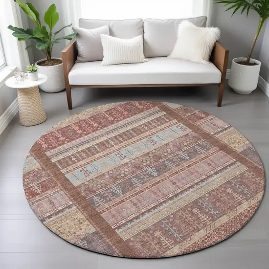 8' Rust Coral And Beige Round Striped Washable Indoor Outdoor Area Rug Photo 8