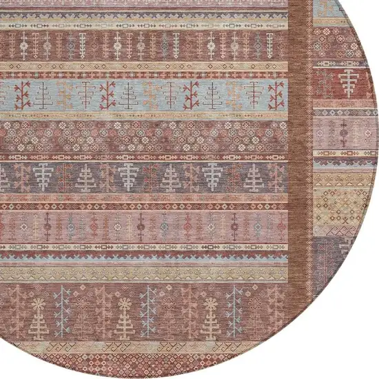8' Rust Coral And Beige Round Striped Washable Indoor Outdoor Area Rug Photo 6