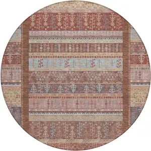 Photo of 8' Rust Coral And Beige Round Striped Washable Indoor Outdoor Area Rug