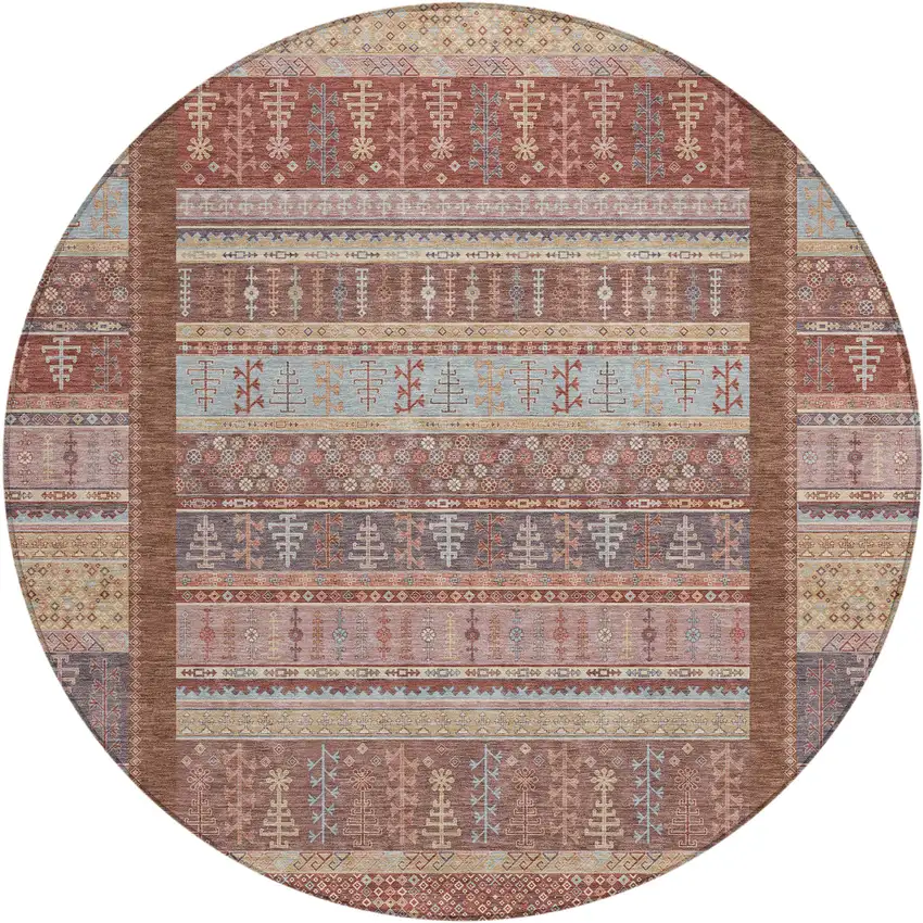 8' Rust Coral And Beige Round Striped Washable Indoor Outdoor Area Rug Photo 1