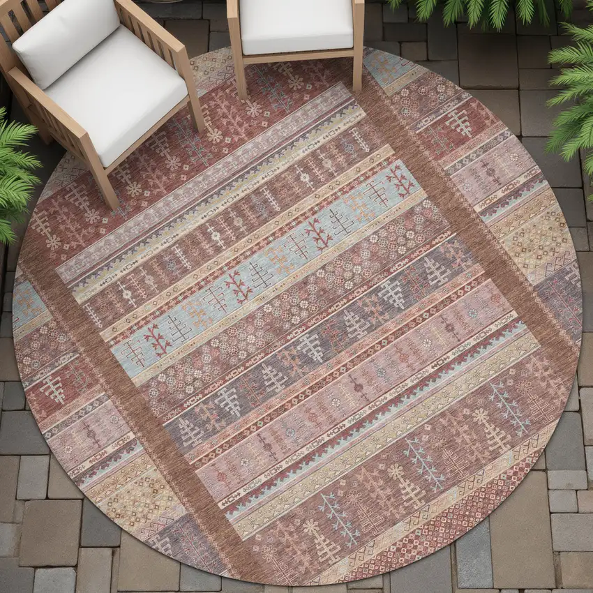 8' Rust Coral And Beige Round Striped Washable Indoor Outdoor Area Rug Photo 7