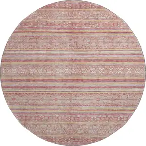 Photo of 8' Rust Coral And Wheat Striped Washable Round Rug With UV Protection