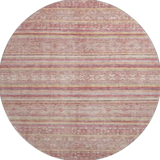 8' Rust Coral And Wheat Striped Washable Round Rug With UV Protection Photo 3