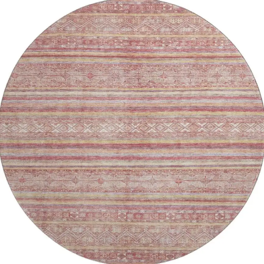8' Rust Coral And Wheat Striped Washable Round Rug With UV Protection Photo 3