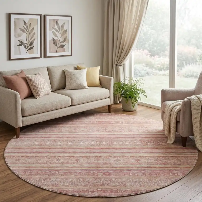 8' Rust Coral And Wheat Striped Washable Round Rug With UV Protection Photo 1