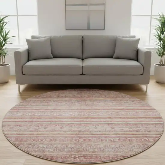 8' Rust Coral And Wheat Striped Washable Round Rug With UV Protection Photo 2