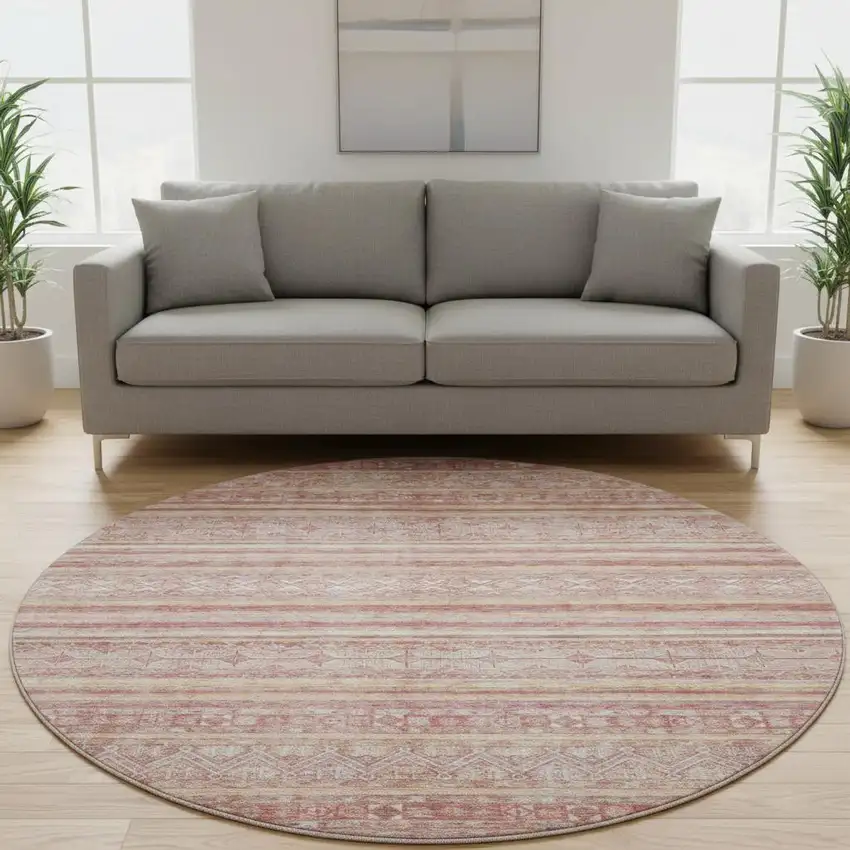 8' Rust Coral And Wheat Striped Washable Round Rug With UV Protection Photo 2