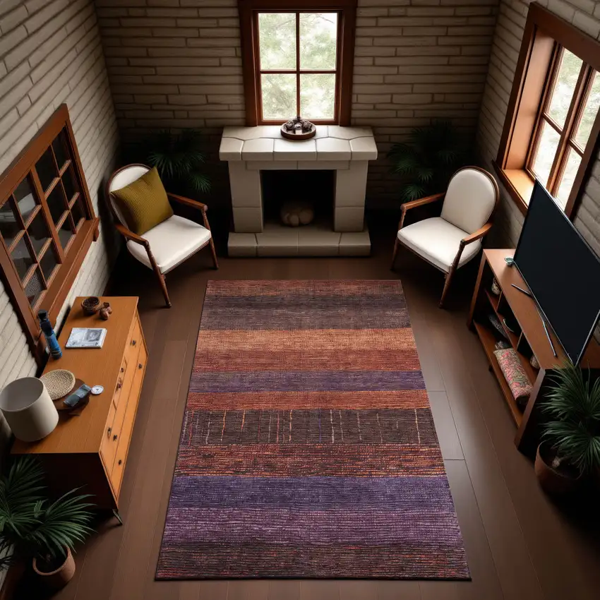 8' Rust Eggplant And Terra Cotta Striped Washable Area Rug With UV Protection Photo 2