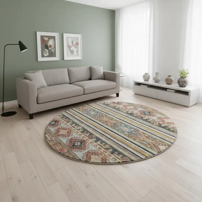 8' Rust Gold And Blue Medallion Washable Round Rug With UV Protection Photo 2