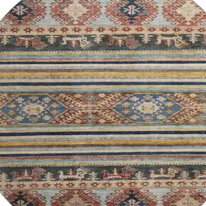 Photo of 8' Rust Gold And Blue Medallion Washable Round Rug With UV Protection