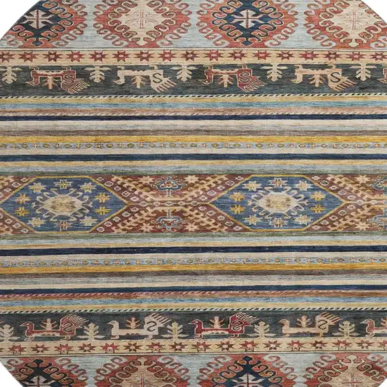 8' Rust Gold And Blue Medallion Washable Round Rug With UV Protection Photo 2