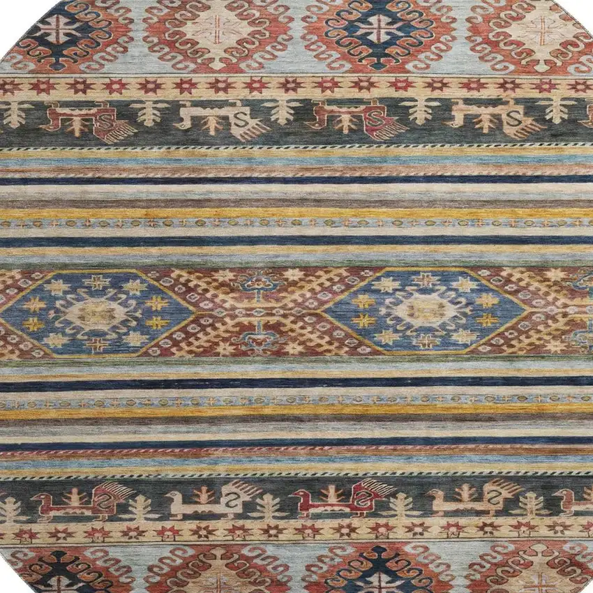 8' Rust Gold And Blue Medallion Washable Round Rug With UV Protection Photo 2