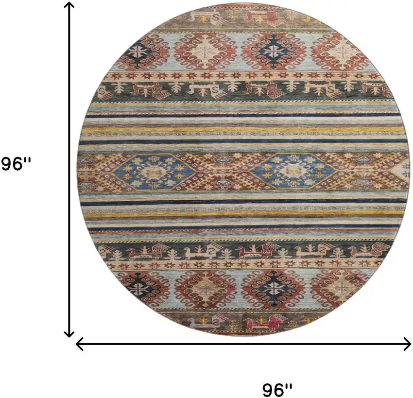 8' Rust Gold And Blue Medallion Washable Round Rug With UV Protection Photo 9