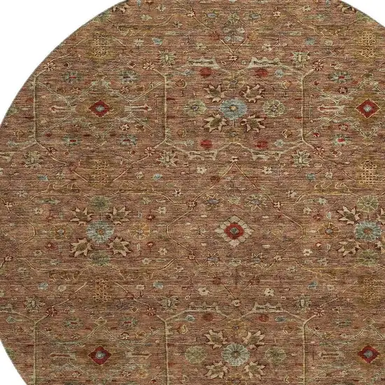 8' Rust Gold And Blue Oriental Washable Round Rug With UV Protection Photo 2