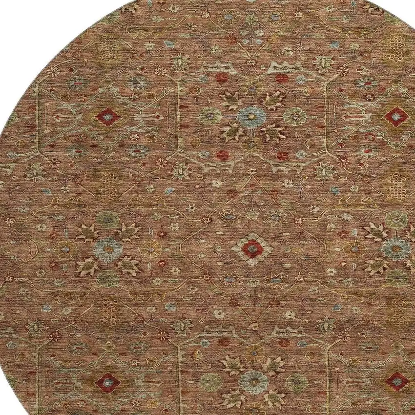 8' Rust Gold And Blue Oriental Washable Round Rug With UV Protection Photo 2