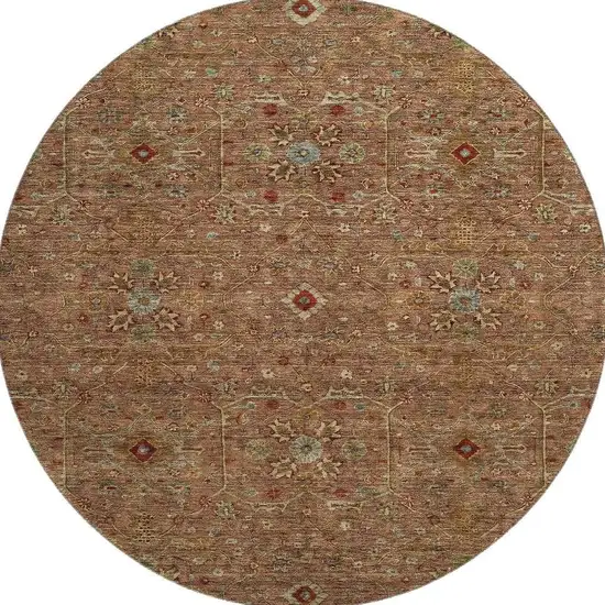8' Rust Gold And Blue Oriental Washable Round Rug With UV Protection Photo 3