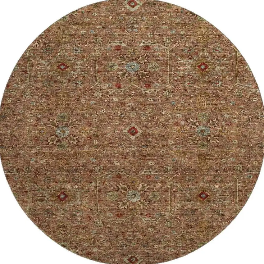 8' Rust Gold And Blue Oriental Washable Round Rug With UV Protection Photo 3