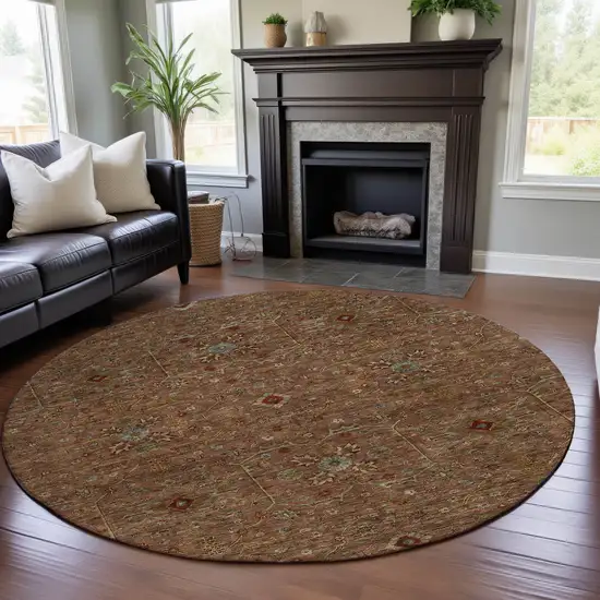 8' Rust Gold And Blue Oriental Washable Round Rug With UV Protection Photo 4