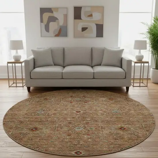 8' Rust Gold And Blue Oriental Washable Round Rug With UV Protection Photo 2