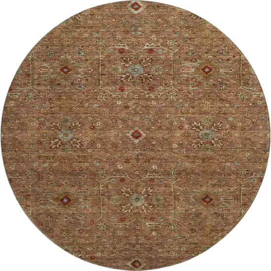 8' Rust Gold And Blue Oriental Washable Round Rug With UV Protection Photo 1