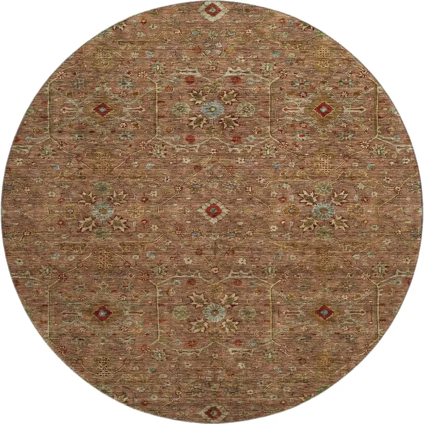 8' Rust Gold And Blue Oriental Washable Round Rug With UV Protection Photo 1