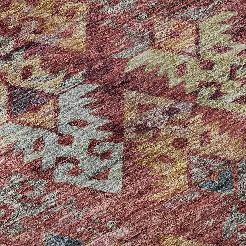 8' Rust Gold And Gray Ikat Washable Round Rug With UV Protection Photo 8