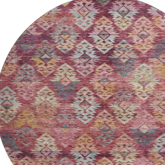 8' Rust Gold And Gray Ikat Washable Round Rug With UV Protection Photo 2