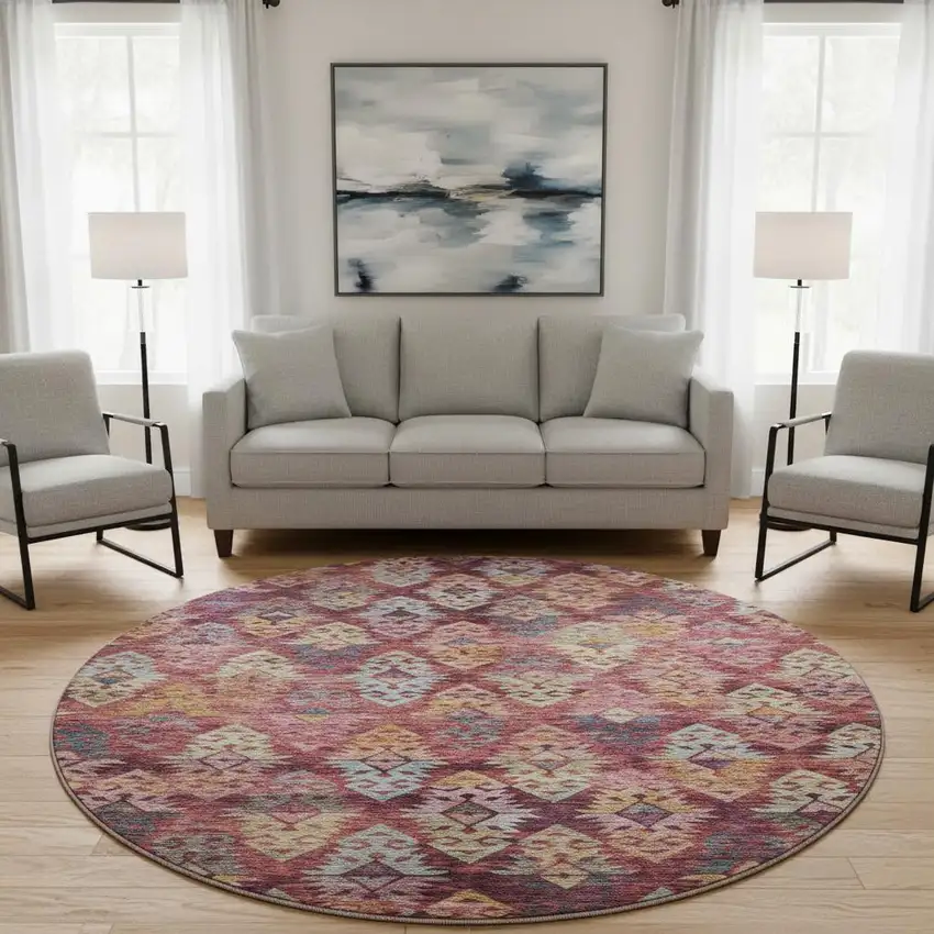 8' Rust Gold And Gray Ikat Washable Round Rug With UV Protection Photo 2