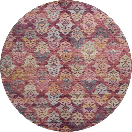 8' Rust Gold And Gray Ikat Washable Round Rug With UV Protection Photo 1