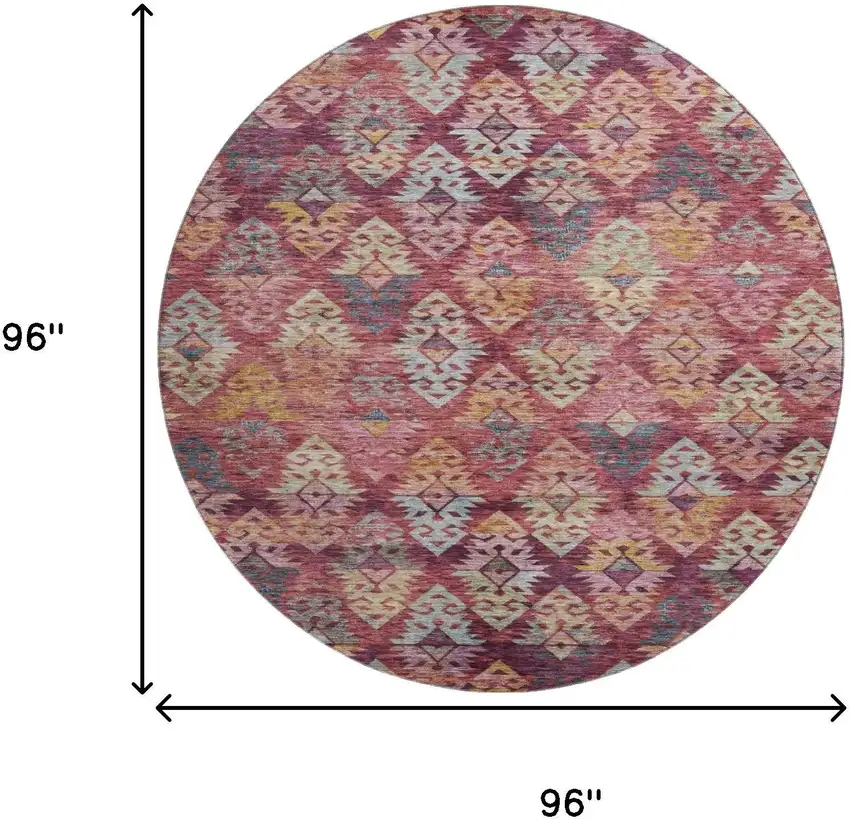 8' Rust Gold And Gray Ikat Washable Round Rug With UV Protection Photo 9