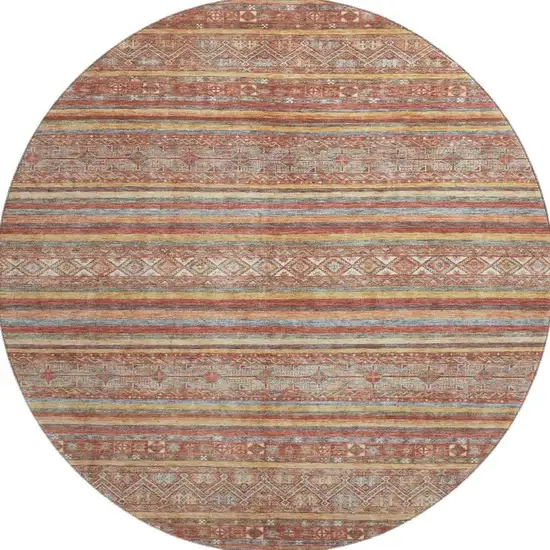 8' Rust Gold And Gray Striped Washable Round Rug With UV Protection Photo 3