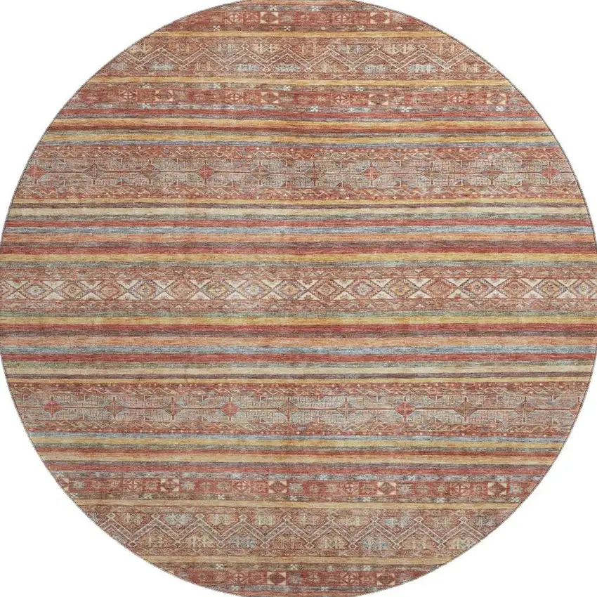 8' Rust Gold And Gray Striped Washable Round Rug With UV Protection Photo 3