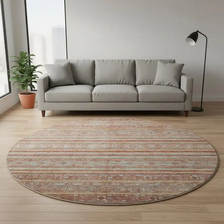 8' Rust Gold And Gray Striped Washable Round Rug With UV Protection Photo 2