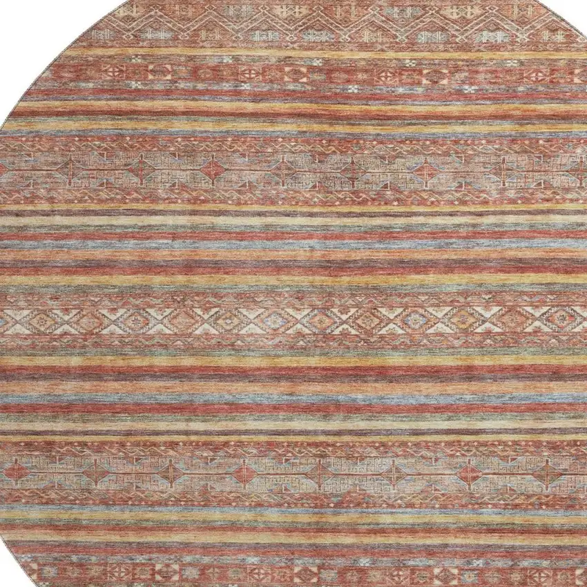 8' Rust Gold And Gray Striped Washable Round Rug With UV Protection Photo 2