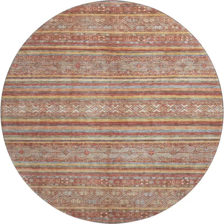 8' Rust Gold And Gray Striped Washable Round Rug With UV Protection Photo 1