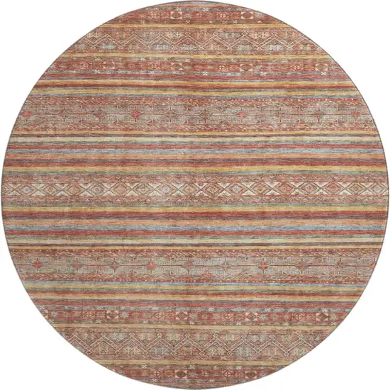 8' Rust Gold And Gray Striped Washable Round Rug With UV Protection Photo 1