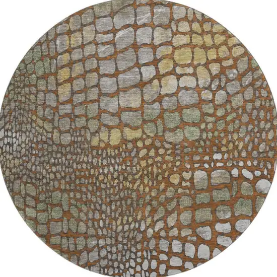8' Rust Gold And Green Abstract Geometric Washable Round Rug With UV Protection Photo 3