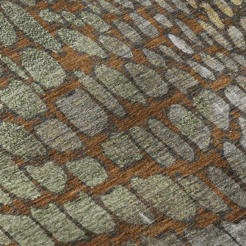 8' Rust Gold And Green Abstract Geometric Washable Round Rug With UV Protection Photo 8