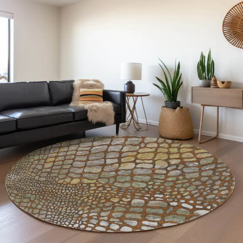 8' Rust Gold And Green Abstract Geometric Washable Round Rug With UV Protection Photo 4