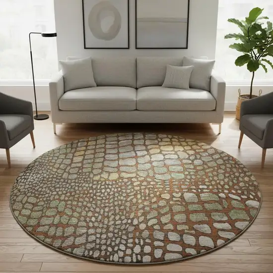 8' Rust Gold And Green Abstract Geometric Washable Round Rug With UV Protection Photo 2