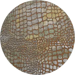 Photo of 8' Rust Gold And Green Abstract Geometric Washable Round Rug With UV Protection