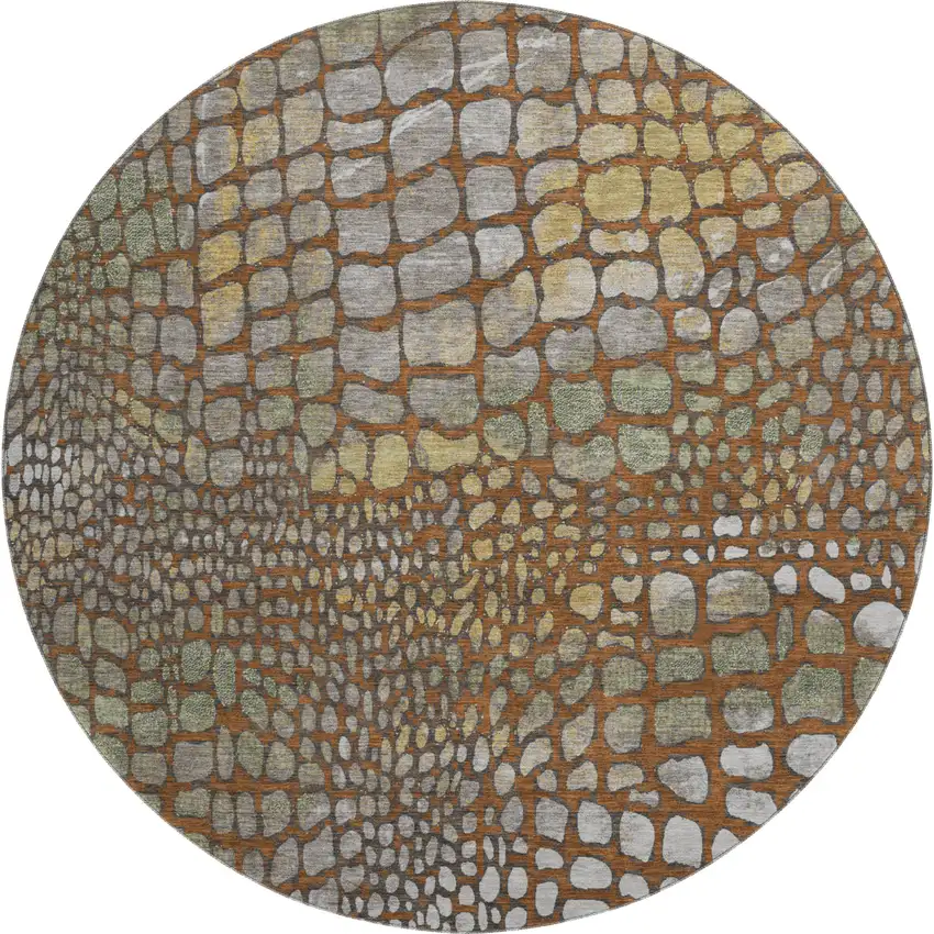 8' Rust Gold And Green Abstract Geometric Washable Round Rug With UV Protection Photo 1