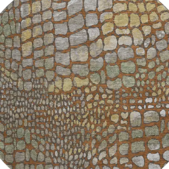 8' Rust Gold And Green Abstract Geometric Washable Round Rug With UV Protection Photo 2