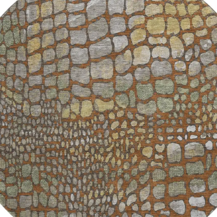 8' Rust Gold And Green Abstract Geometric Washable Round Rug With UV Protection Photo 2