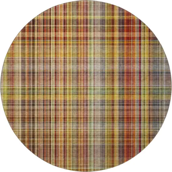 8' Rust Gold And Green Plaid Washable Round Rug With UV Protection Photo 4