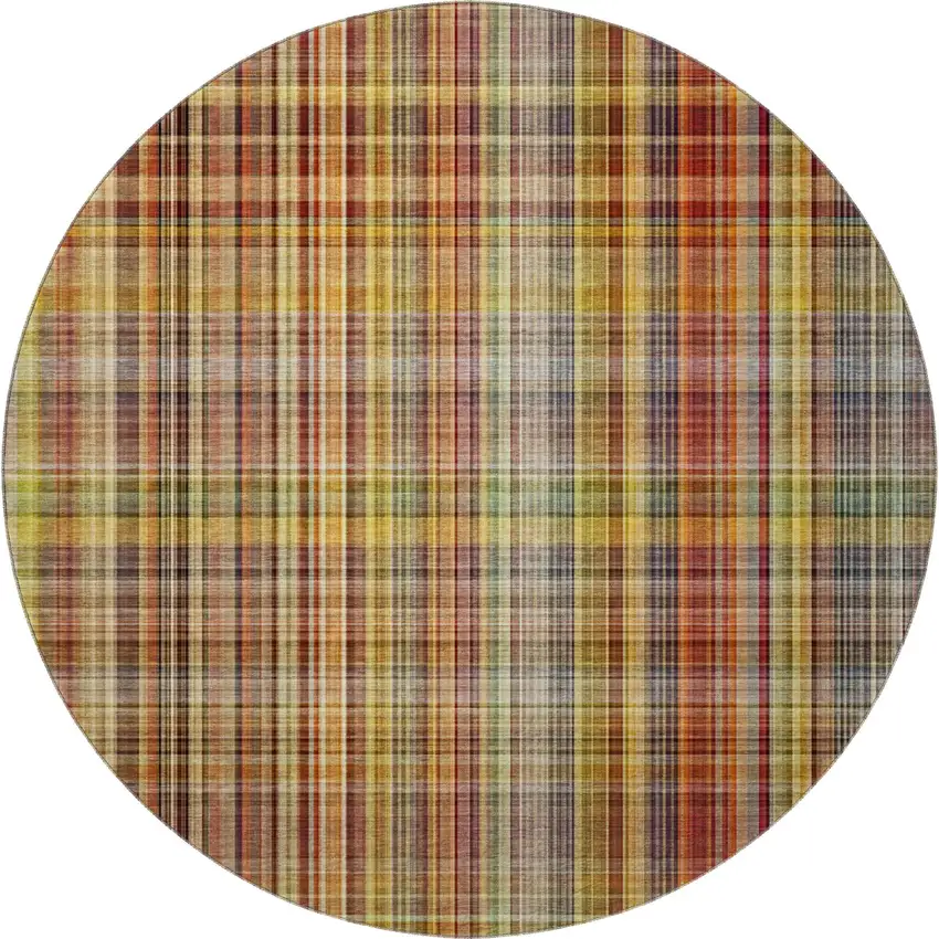 8' Rust Gold And Green Plaid Washable Round Rug With UV Protection Photo 4