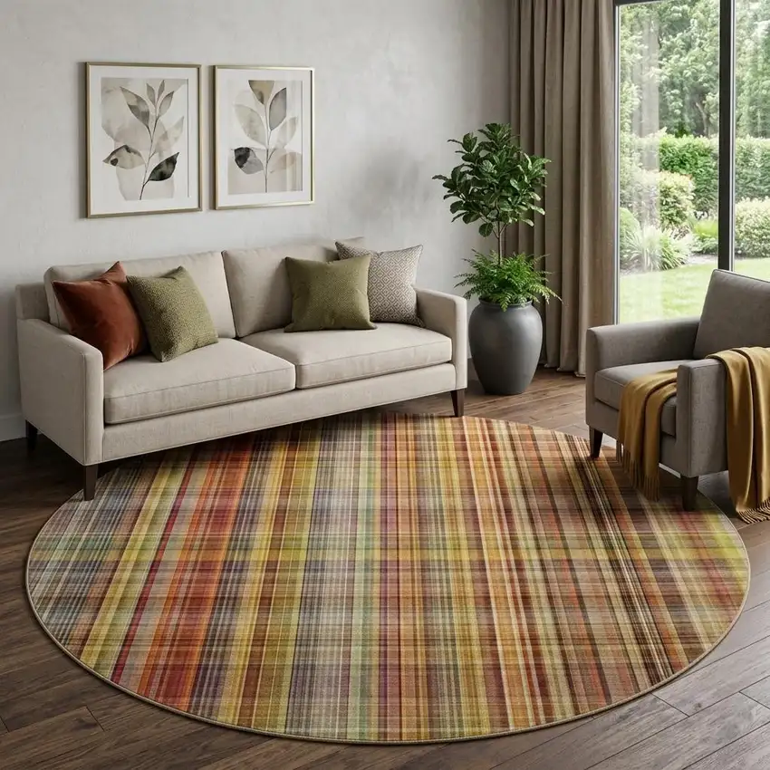 8' Rust Gold And Green Plaid Washable Round Rug With UV Protection Photo 1