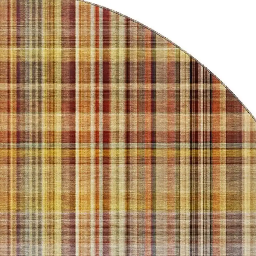 8' Rust Gold And Green Plaid Washable Round Rug With UV Protection Photo 3