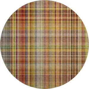 Photo of 8' Rust Gold And Green Plaid Washable Round Rug With UV Protection